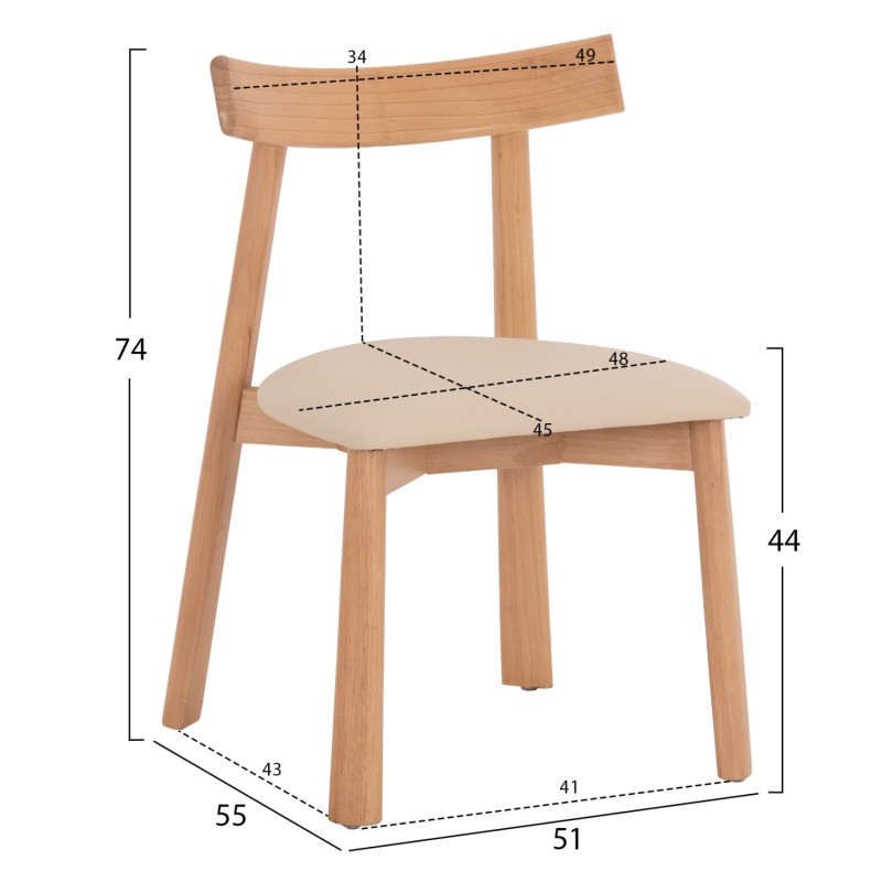 DINING CHAIR OSORIO FK18335.11 RUBBERWOOD IN NATURAL-ECRU PU 51x55x74Hcm. DINING CHAIR OSORIO FK18335.11 RUBBERWOOD IN NATURAL-ECRU PU 51x55x74Hcm.