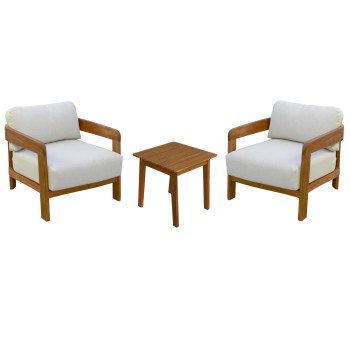 LOUNGE SET SOLARA FK10892 COFFEE TABLE & 2 LOUNGE ARMCHAIRS--ACACIA WOOD-ECRU CUSHIONS