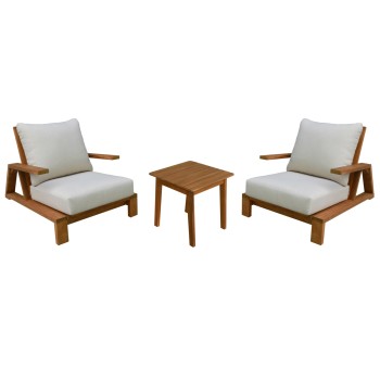 LOUNGE SET MIREX FK10893 COFFEE TABLE & 2 LOUNGE ARMCHAIRS--ACACIA WOOD-ECRU CUSHIONS