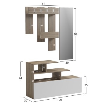 ENTRANCE FURNITURE WITH WALL MIRROR MEZZO FK18380.11 MELAMINE IN SONAMA/WHITE 100x30x61Hcm ENTRANCE FURNITURE WITH WALL MIRROR MEZZO FK18380.11 MELAMINE IN SONAMA/WHITE 100x30x61Hcm
