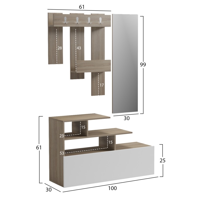 ENTRANCE FURNITURE WITH WALL MIRROR MEZZO FK18380.11 MELAMINE IN SONAMA/WHITE 100x30x61Hcm ENTRANCE FURNITURE WITH WALL MIRROR MEZZO FK18380.11 MELAMINE IN SONAMA/WHITE 100x30x61Hcm