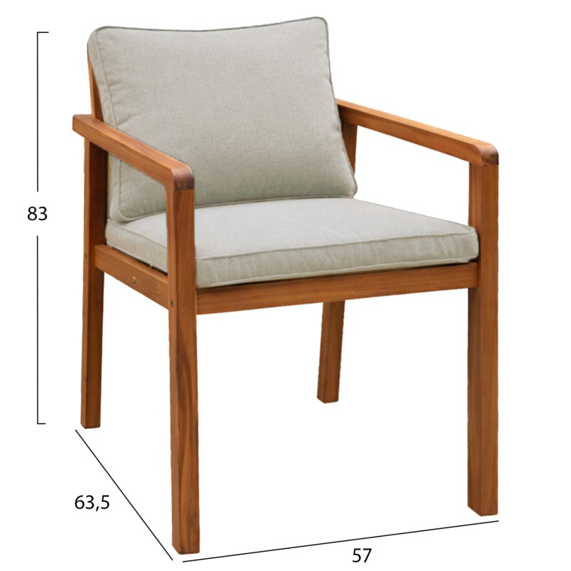 OUTDOOR DINING CHAIR BRUNEL FK6518 ACACIA WOOD IN NATURAL--CUSHIONS IN LIGHT BEIGE 57x63.5x83Hcm OUTDOOR DINING CHAIR BRUNEL FK6518 ACACIA WOOD IN NATURAL--CUSHIONS IN LIGHT BEIGE 57x63.5x83Hcm