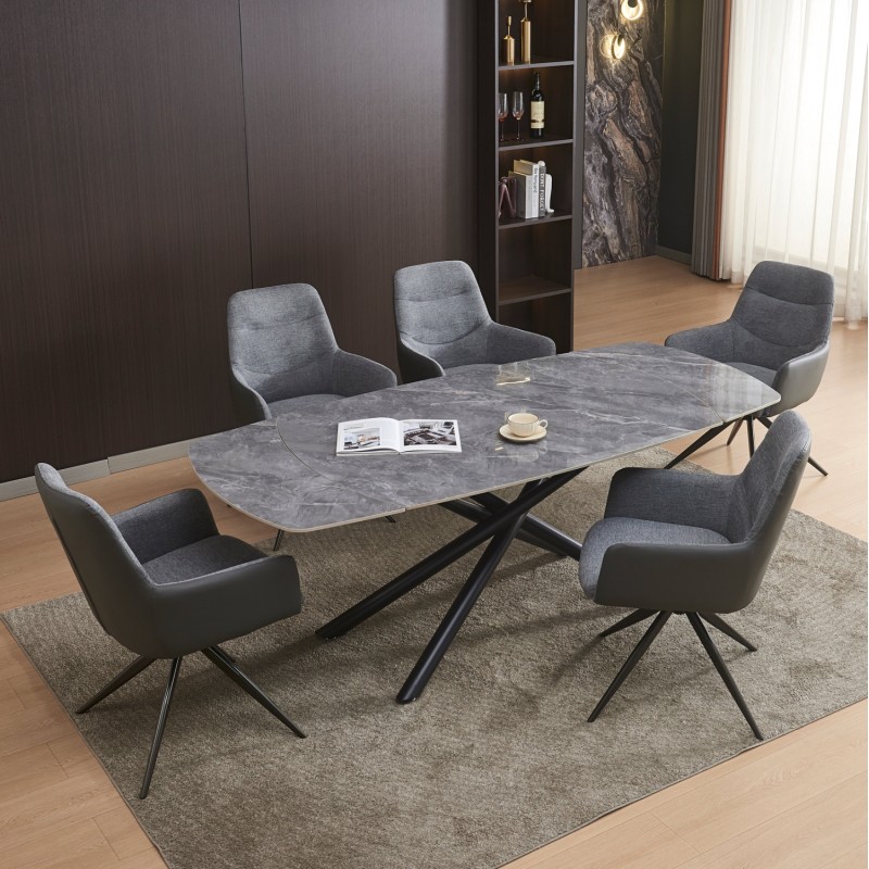 DINING SET 7PCS VANTA FK21356 EXTENDABLE CERAMIC TOP--FABRIC & PU IN GREY DINING SET 7PCS VANTA FK21356 EXTENDABLE CERAMIC TOP--FABRIC & PU IN GREY