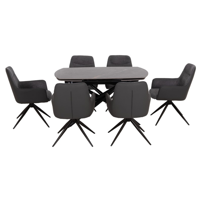DINING SET 7PCS VANTA FK21356 EXTENDABLE CERAMIC TOP--FABRIC & PU IN GREY DINING SET 7PCS VANTA FK21356 EXTENDABLE CERAMIC TOP--FABRIC & PU IN GREY