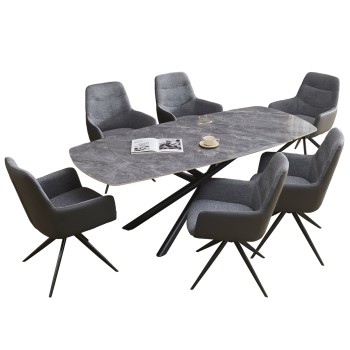 DINING SET 7PCS VANTA FK21356 EXTENDABLE CERAMIC TOP--FABRIC & PU IN GREY