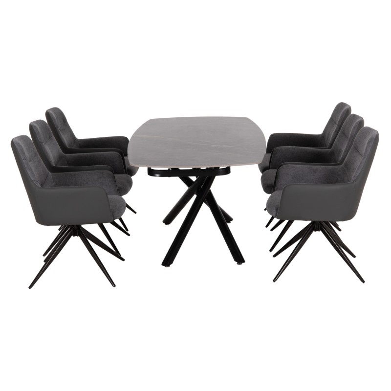 DINING SET 7PCS VANTA FK21356 EXTENDABLE CERAMIC TOP--FABRIC & PU IN GREY DINING SET 7PCS VANTA FK21356 EXTENDABLE CERAMIC TOP--FABRIC & PU IN GREY