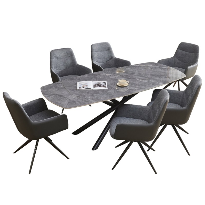 DINING SET 7PCS VANTA FK21356 EXTENDABLE CERAMIC TOP--FABRIC & PU IN GREY DINING SET 7PCS VANTA FK21356 EXTENDABLE CERAMIC TOP--FABRIC & PU IN GREY