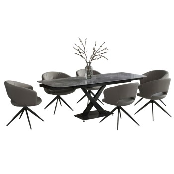 DINING SET 7PCS HOKU FK21357 EXTENDABLE GREY CERAMIC TOP--PU IN GREY