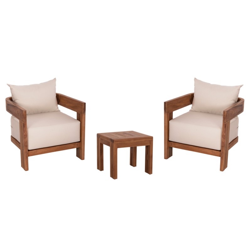 LOUNGE SET KIOTO FK10960 COFFEE TABLE & 2 LOUNGE ARMCHAIRS--TEAK WOOD-BEIGE CUSHIONS LOUNGE SET KIOTO FK10960 COFFEE TABLE & 2 LOUNGE ARMCHAIRS--TEAK WOOD-BEIGE CUSHIONS
