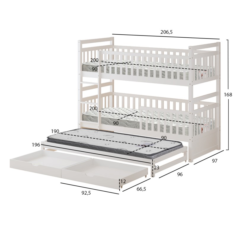 KIDS' BUNK BED WITH MATTRESSES & DRAWERS TRIPLON FK10996 PINE WOOD IN WHITE 207x97x168Hcm. KIDS' BUNK BED WITH MATTRESSES & DRAWERS TRIPLON FK10996 PINE WOOD IN WHITE 207x97x168Hcm.